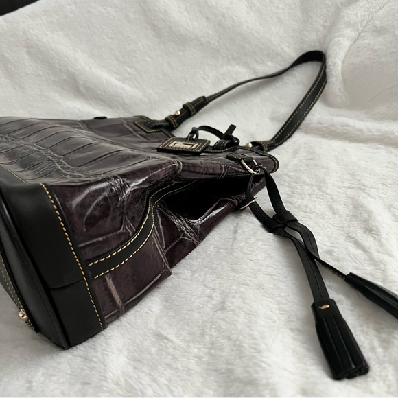 Dooney and Bourke Croco Purple Embossed Double Strapped Tassel Bag - Picture 4 of 13